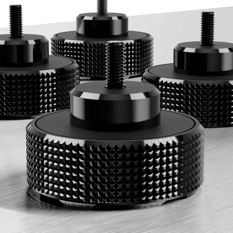 Rendering of SpinCandy turntable isolation feet in a set of four, shown without trim rings. Designed for vibration damping and anti-shock performance on turntables like the Technics SL-1200